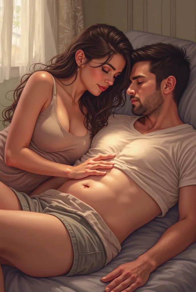 a woman wearing only a plain t-shirt and panties, mounted on top of a man lying on a bed, proportional drawing without background, isometric design, anatomical correct, romantic image, just a couple, 