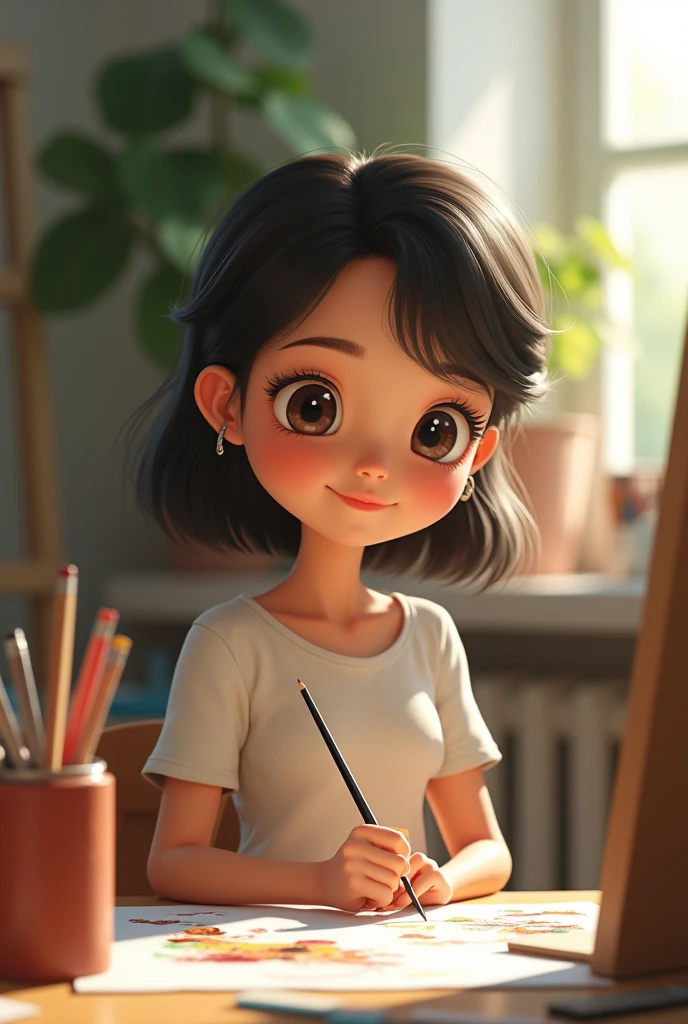 PIXAR 3D TYPE POSTER, BRUNETTE MASCOT GIRL BLACK HAIR SMALL EYES ANIME TYPE WHITE SHIRT HOLDING PENCIL AND NOTEBOOK IN A COLORFUL STATIONERY STUDIO