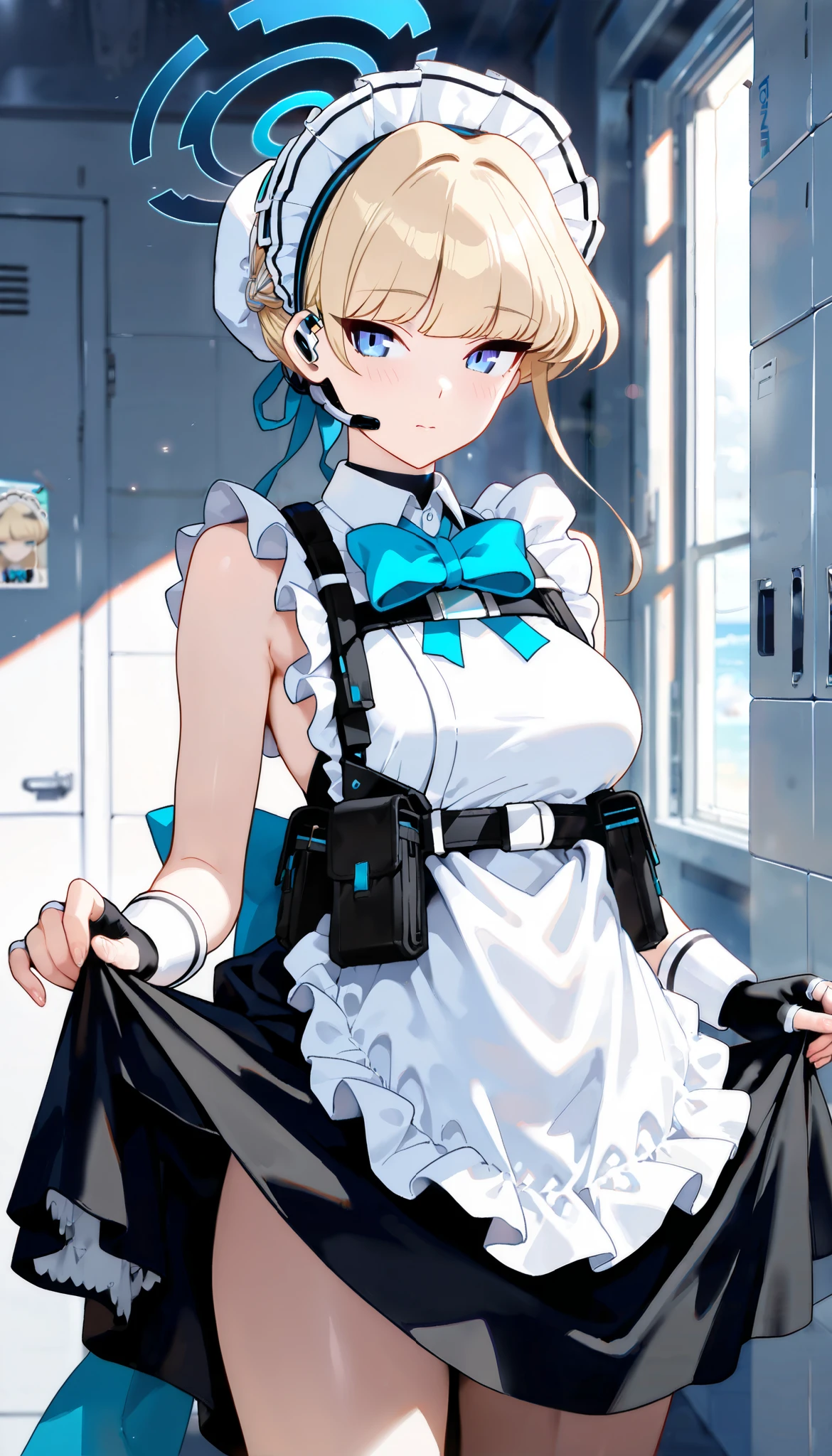 from front, in the briefing room, masterpiece, of the best quality, lively, very aesthetic, high contrast, semi-realistic, newest,,(masterpiece),(ultra high definition),(highest resolution),(very detailed),(soft light),cowboy shot,(1 milf),(embarrassed face:0.8),skirt lift:1.4,maid,((blue archive/asuma toki)), headdresses on the beach,blue eyes,slender body,medium breasts,blonde hair,(( maid clothes:1.2)), bare shoulders,((chignon )), white apron , black skirt,sexy blue parties,magazine pouch ,chest rig,