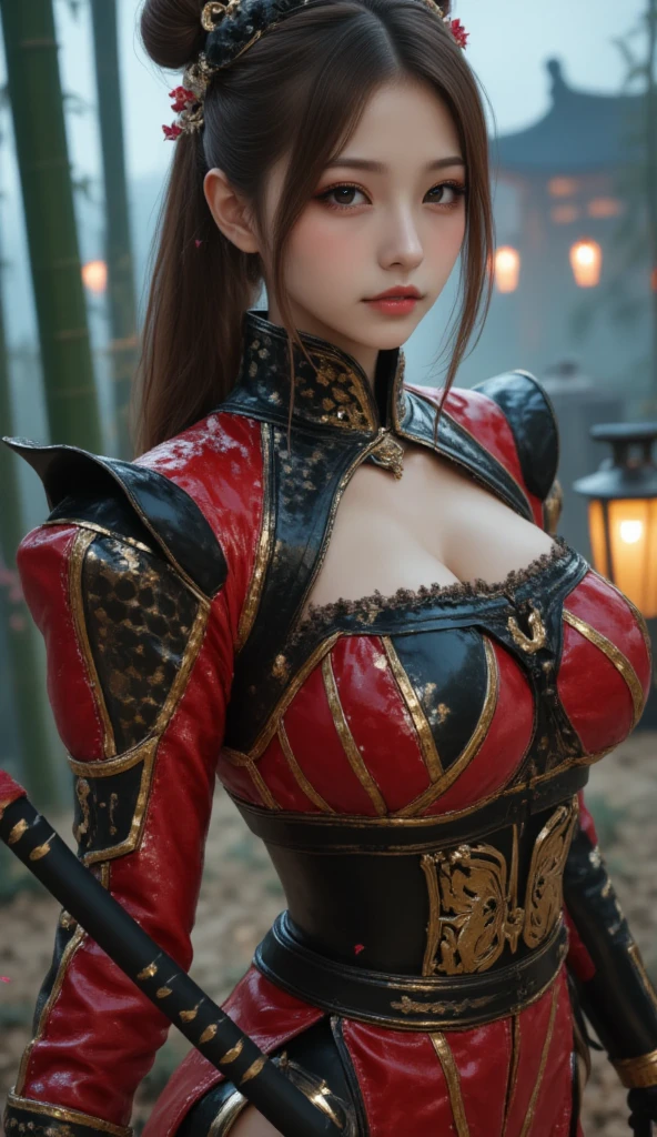 ((mulher baseada no samurai)), fotografia de corpo inteiro, pose de modelos sexy, rosto detalhado, olhos detalhado, boca detalhado, nariz detalhado, seios grandes, medium hips, ((ultra realista)), bikini samurai armor, usando um Kabuto samurai, with a katana in hand, Icons, cores vibrantes, estilo vetorial, arte digital, 4k, detalhes intrincados, hipnotizante, feito profissionalmente, beautiful vector illustration, 12k resolution, ultra HD, ultra qualidade, ..3d, todos os caracteres detalhados em comprimento total, ((altamente detalhado)), ((vibrante)),((Ultra alta qualidade)), ((hiperrealismo)), ((fotorrealismo)), [octan rendering] , na cidade japonesa realista)