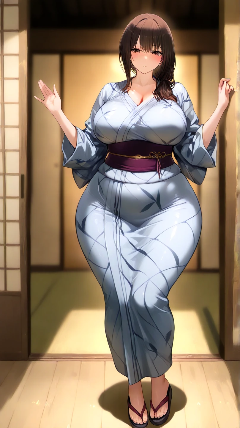 (masterpiece, best quality, highly detailed), 1girls, big belly, huge belly, art by kipteitei, round belly, chubby, curvy, belly grab, enormous belly, fat belly, thicc, bigger belly, really big belly, jiggly belly, glasses, japanese traditional clothes, tight breasts, ((long legs, tall)), high heels, ((full body))