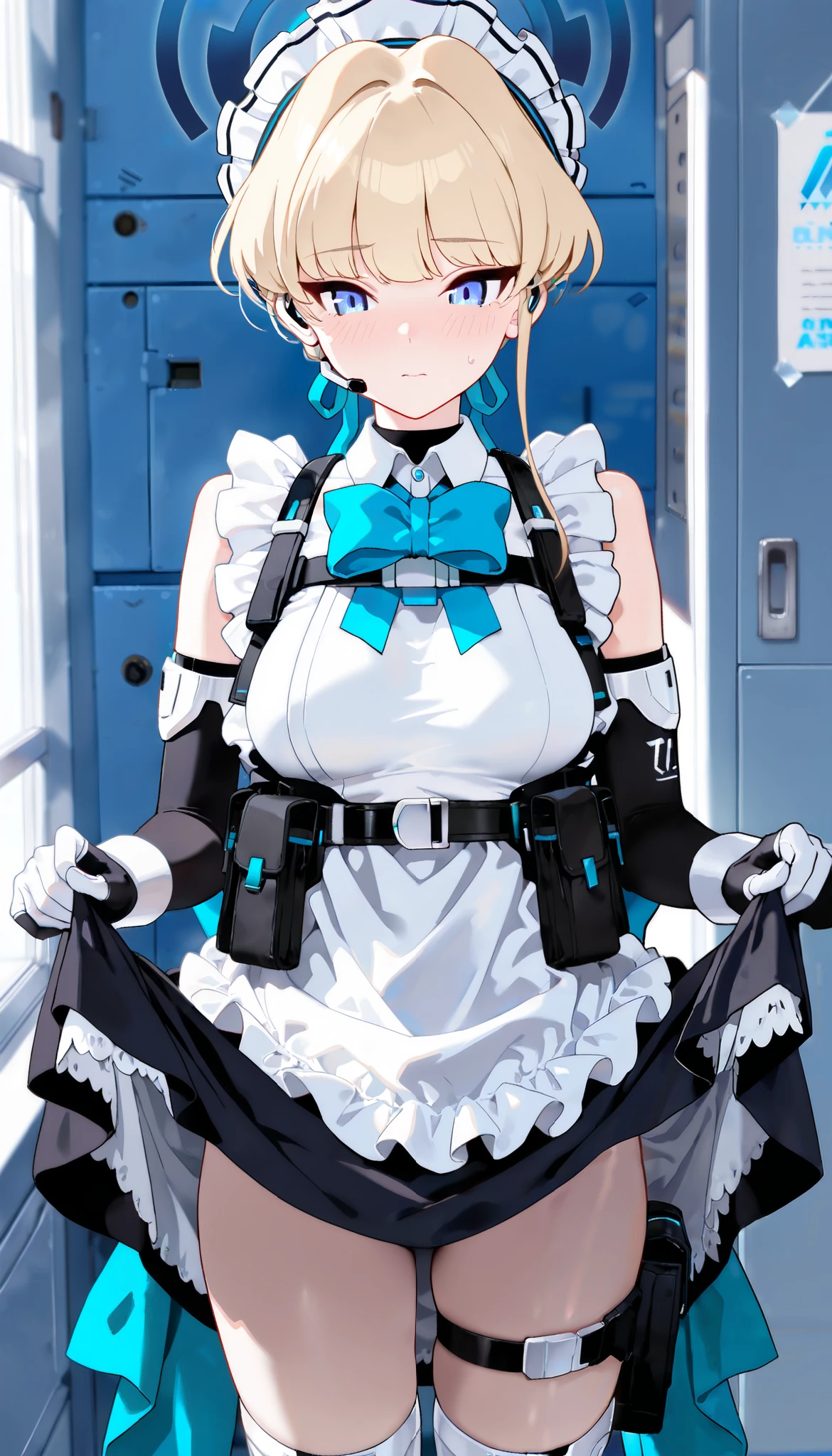 from front, in the briefing room, masterpiece, of the best quality, lively, very aesthetic, high contrast, semi-realistic, newest,,(masterpiece),(ultra high definition),(highest resolution),(very detailed),(soft light),cowboy shot,(1 milf),(embarrassed face:0.8),skirt lift:1.4,maid,((blue archive/asuma toki)), headdresses on the beach,blue eyes,slender body,medium breasts,blonde hair,(( maid clothes:1.2)), bare shoulders,((chignon )), white apron , black skirt,sexy blue parties,magazine pouch ,chest rig,
