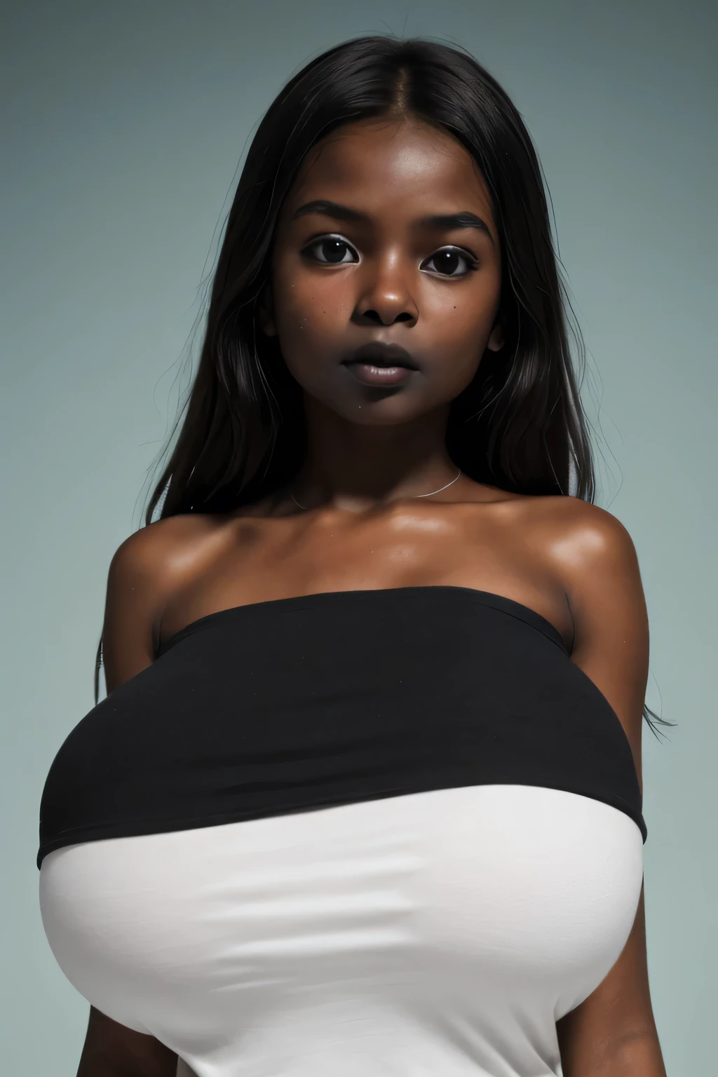 Skinny, green fluorescence Strapless Jumbo (Fatty), adorable, (1 girl), (face to face), , baby face, sad, half body portrait, (face details: 1), (eye details: 1), ((big breasts Solid:1.54)). wearing translucent (transparent) transparency (soft short t-shirt cropped) , hijab, .. Cute posed. proportional body. Ultra High Res. realistic: 1.4, UHD, view from side seductive pose, (Lulu Chu:1.3), (Dark black Lipstick:1.2), (sad face expressions:1.3) LITTLE SMALL GIRLS, LITTLE SMALL GIRLS, LITTLE SMALL GIRLS, (shine dark black tone skin:1.7)