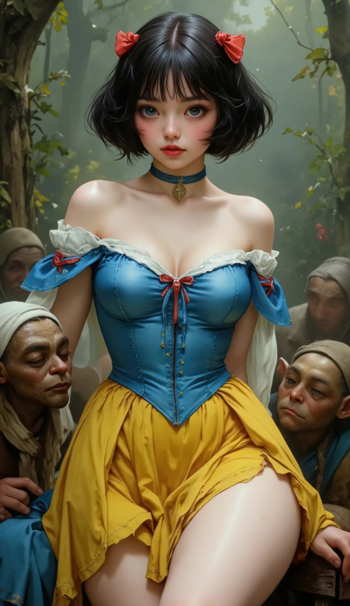 Spouse White Snow Himes、
((NSFW)),
19th Century style,
Full body,
Old photo,
1girl, 7guys,
Early summer in 19th century Switzerland、
Snow White's skin is white as snow、
She has black bob hair with red ribbons、
she wears a blue bodice and a yellow miniskirt、The front of the bodice is greatly torn、
Prostitute yourself against a goblin in the woods、Snow White has sex outdoors、Snow White makes indecent products in front of goblins、Snow White opens her crotch and shows her pussy to a goblin、