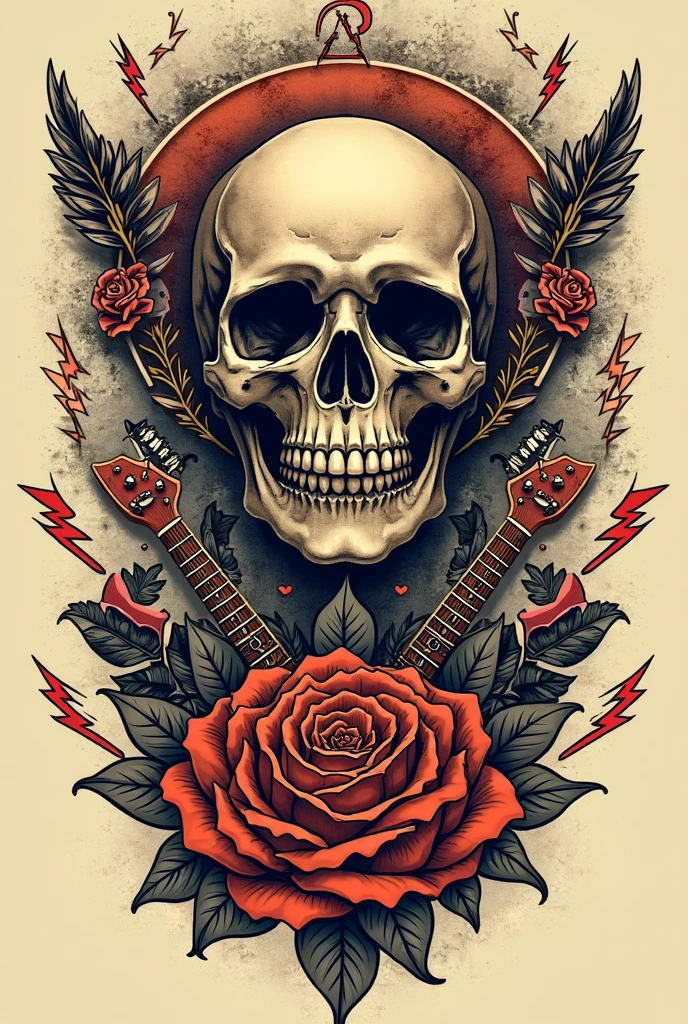 Design do logotipo da a skull with a guitar and roses on it with a banner, a tattoo by Bob Singer, tumblr, under art, skull design for a rock band, punk , close up guns and roses, rockabilly, colored illustration for tattoo, rockabilly style, style of hydro74, heavy metal tshirt design, heavy metal art style, sailor jerry tattoo flash, punk art, t shirt design,robust style,just design,White background,no model,proffesional,hight contrast,high resolution,ultra detali,bright coloured,metallic details,sharp focus,Jumpy,dynamic composition,gritty texture,rough brushstrokes,Mechanical elements,Chrome Effect,classic typography,retro style,distressed look,aggressive lines and curves,3D rendering,impressive visual impact,dark shadows,strong brand presence,monochrome palette,Industrial aesthetics