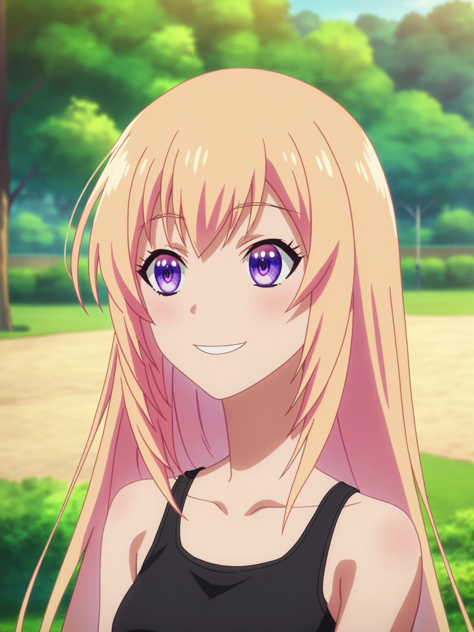 score_9, score_8_up, score_7_up, source_anime, anime screencap, outdoors, park, 1girl, solo, Honami Ichinose, long hair, cleavage, collarbone, tank top, black tank top, sleeveless, bare shoulders, bare arms, looking at viewer, eye contact with viewer, smile, arms up, raised arms, armpits
