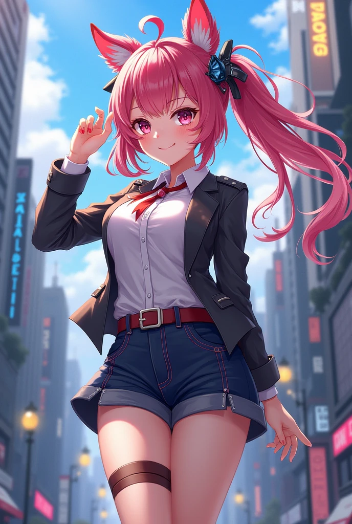 honoka dead or alive , steam , rain , plaid skirt , pleated skirt , Tight shirt , white Shirt , school girl , ( (big breasts, thick thighs, wide hips) , red bow , red knot , (masterpiece, best quality:1.2), solo, 1girl, honoka, smile, looking at viewer, hand on hip, one side up, skull hair ornament, , jacket, necktie, single glove, black gloves , white thighhighs