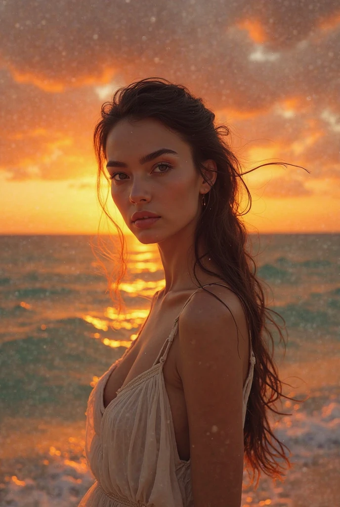 Super beautiful big bright eyes, ((high quality)), ((masterpiece)), ((realistic)), (details), Reflective luminous yellow & white: 1.5, Bright orange texture: 1.3, 1 monkey adhesive (camel toe) beautiful young woman with, A sexy photo, top to bottom, bright neon, a Mandala, Cinematic, sharp, Ray Tracing, joy, Lightness, ocean, big waves, waves with foam, goddess of the sea, very long hair merged in water, transparent robe, red clouds sunset, huge full moon, luminescent, Greek columns, ancient temple on water, dynamic movement, nake woman, mujer desnuda, full body