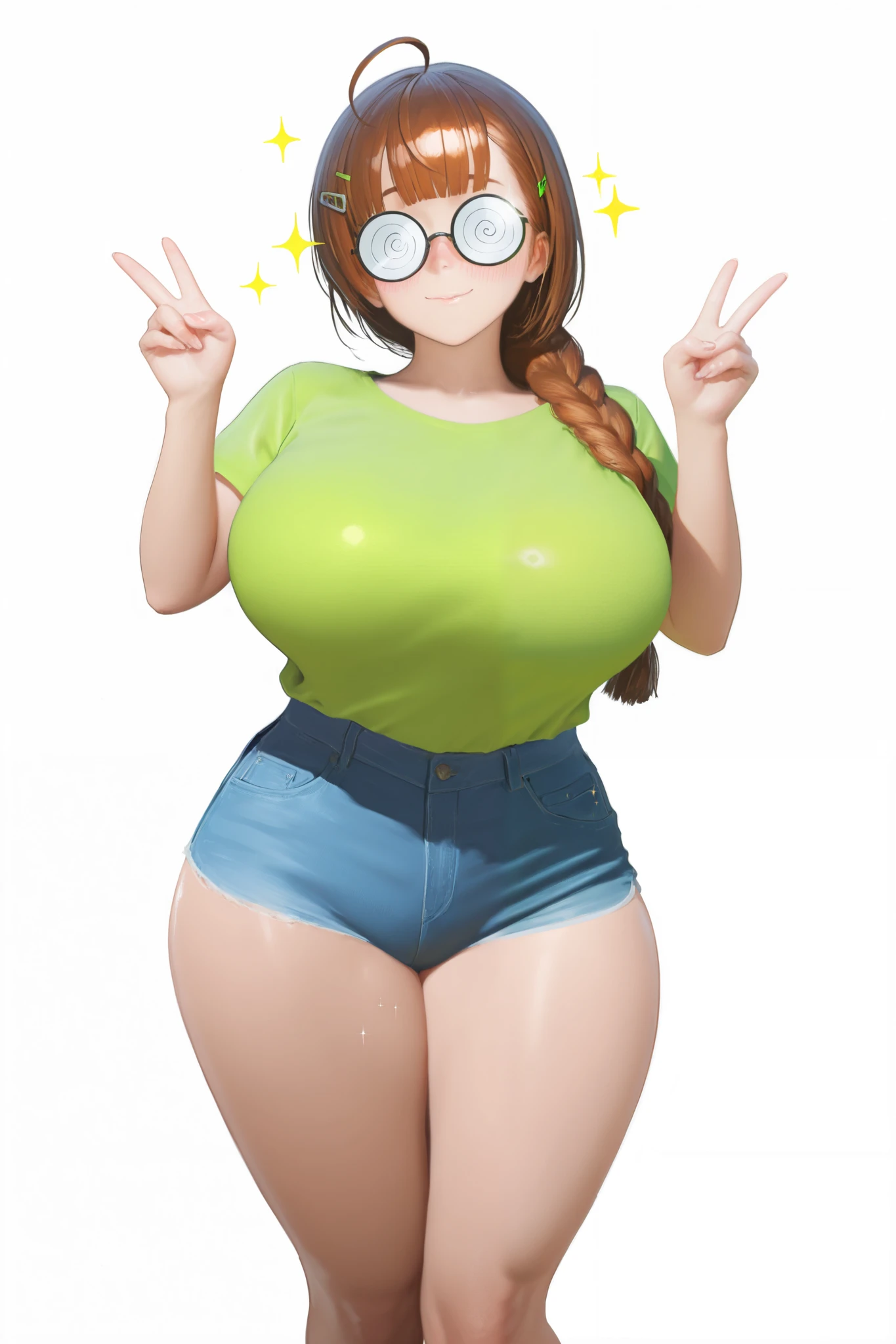 HDR, 8K, high contrast, masterpiece, best quality, amazing quality, very aesthetic, painting artstyle, realistic, newest, hyperdetailed painting, brushstrokes, digital painting,
BREAK
bounce light, hyperdetailed, detailed hair strands, detailed fibers, aesthetic, 8k wallpaper, detailed, masterpiece, best quality, amazing quality, very aesthetic, absurdres, 8K,masterpiece, great colors, color theory, great lighting, great composition, flawless. 1girl, solo, breasts, blush, green T-shirt, massive breasts, brown hair, hair ornament, thick thighs, blue jeans, ahoge, braided hair. Single braid, Blunt bangs. Long side bangs, short sleeves, thighs, hairclip, green glass rims :>, v pose, round eyewear, @ @, opaque glasses, coke-bottle glasses. , sparkle, portrait