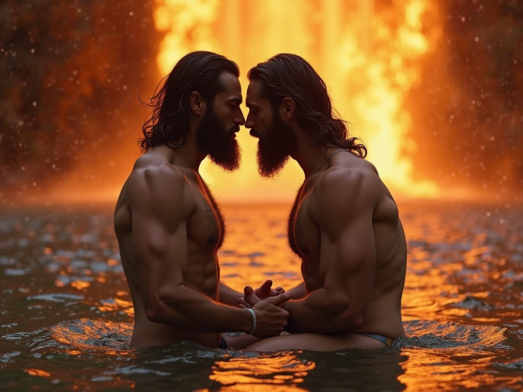 Muscle god blue eyes long hair curly hair beard in the fire