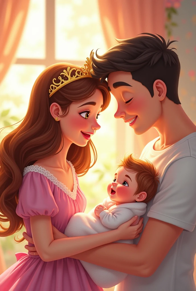 detailed, gorgeous couple, prince with blond hair and blue eyes, tall prince, princess with short black hair and black eyes, pregnant princess, little son, son has blond hair and black eyes, happy family