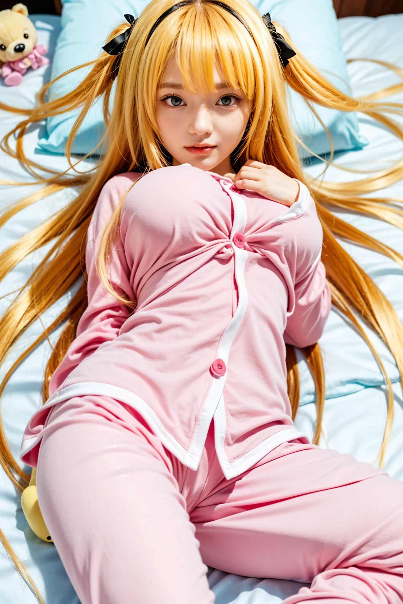 Kigurumi Costume Pajamas、Sexy Big 、A cute 15-year-old girl with a sexy and cute look, beautiful and sexy face、A strong wind blows my hair in front of my face、With straight blonde hair、beautiful, Cute and sexy eyes hidden behind long bangs、Costume pajamas