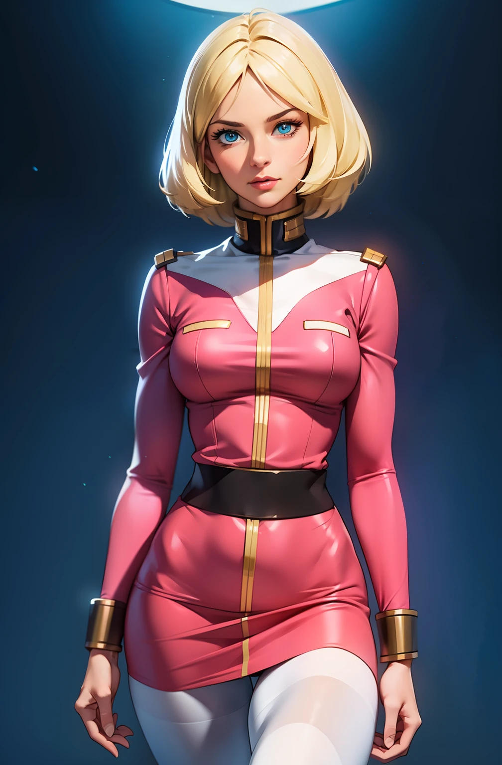 ((masterpiece)), ((cinematic lighting)), realistic photo、Real Images、Top image quality、1girl in, sayla mass, Elegant, masterpiece, Convoluted, slim arms, wide hips, thigh gaps, Best Quality, absurderes, high face detail, Perfect eyes, mature, Cowboy Shot, , Vibrant colors, soft pink uniform, soft pink Skirt, white tights