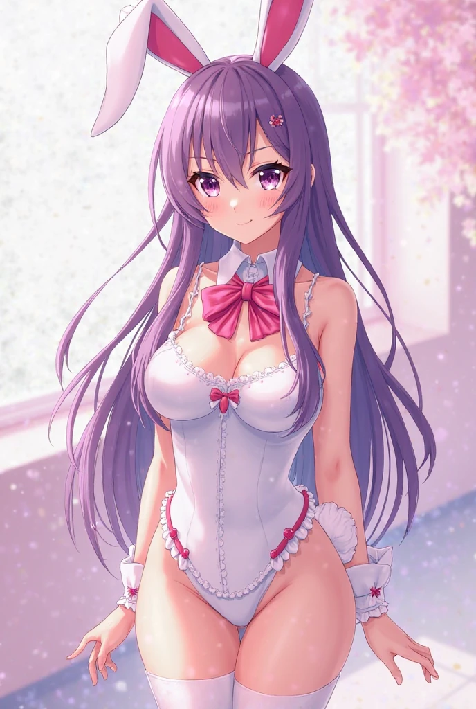 1 girl, alone, Ai Hoshino, Masterpiece, highly detailed, (1 girl in: 1.2), ultra detailed, sharp focus, detailed eyes, curvy body, cowboy shot, dynamic posture, looking at viewer, purple hair, long hair , Ai Hoshino, hair between the eyes, hair ornament, rabbit ornament, pink hair band, long hair, (purple irises: 1.1), purple hair, (star-shaped pupils: 1.5), shaped pupils symbol, ((Playboy bunny outfit fiusha:1.3)), ((pink gloves fiusha:1.2)), ((neckline)), jewelry, ((red ribbon)), hands on waist, big eye, hair between the eyes, smile, 8k, Ai hoshino, big breasts, medium waist, wide hips, wide thighs, round and thick butt, interior, hotel room, bedroom, night, bedroom lighting, window, room lights city, metropolis of Japan, looking back, from behind, ((focus on ass)), pov (from below), perfect anatomy, perfect hands