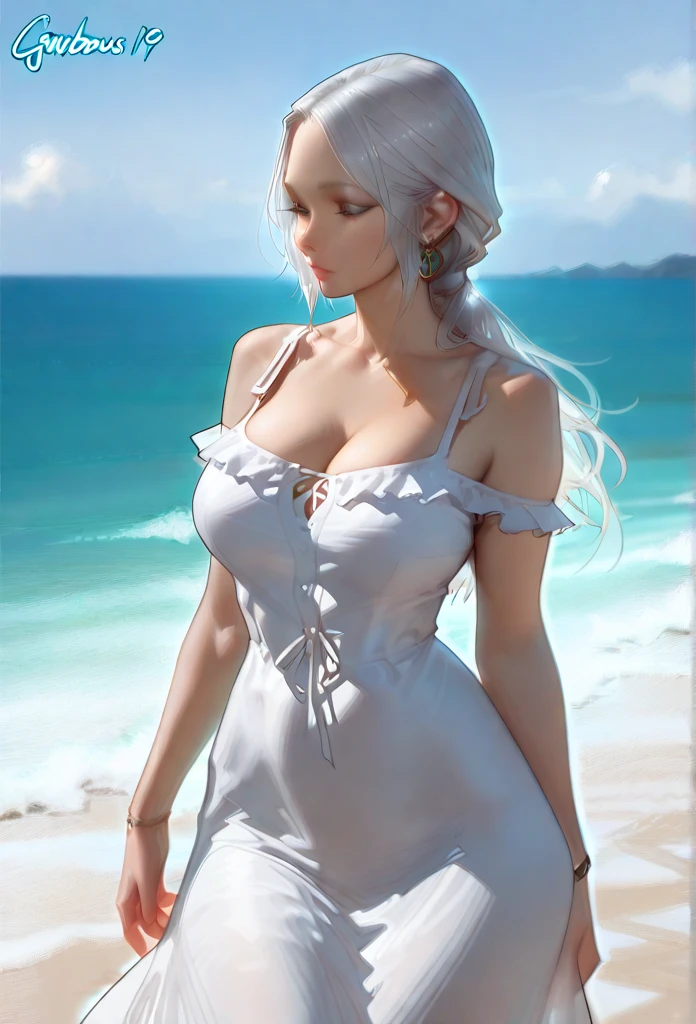 (extra detailed body、extra detailed face、best qualtiy:1.2)、femele、looking at the viewers、(White tops、JINS)、(Beautiful sea in the background:)、cleavage of the breast