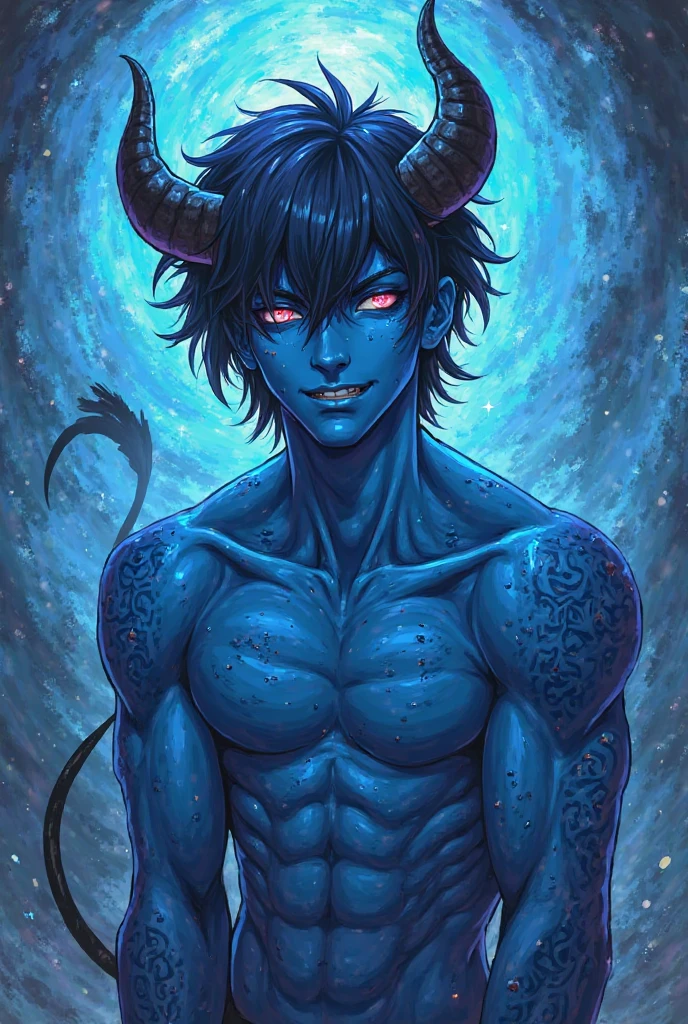 Create a handsome male character with no shirt, blue hair, blue eyes, blue horns, white skin

