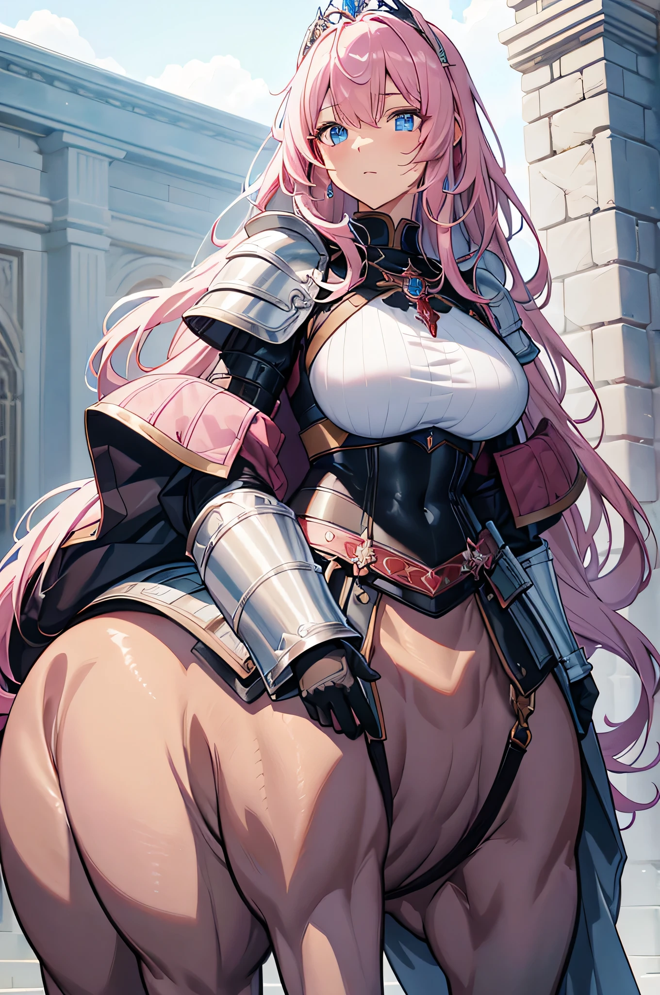 anime girl, long hair, pink hair, blue eyes, pink dress armor, smiling, sword and shield, big breasts, boots, belt on leg
