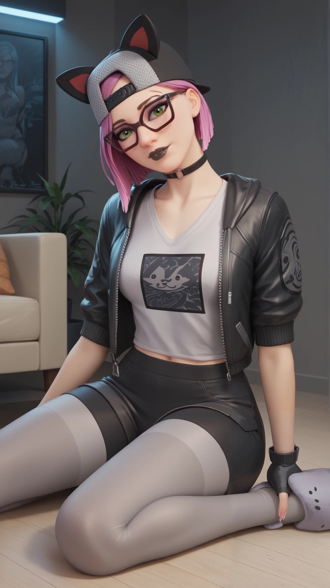 girl (masterpiece),choker,black lips, Black cap,fingerless gloves,evening (only)loose Dark gray V-neck t-shirt, black short jacket, grey leggings, Black shorts,cat grey slippers, futuristic room, with neon lighting and video game designs ,beautiful green eyes,short pink hair,glasses,sitting on the floor