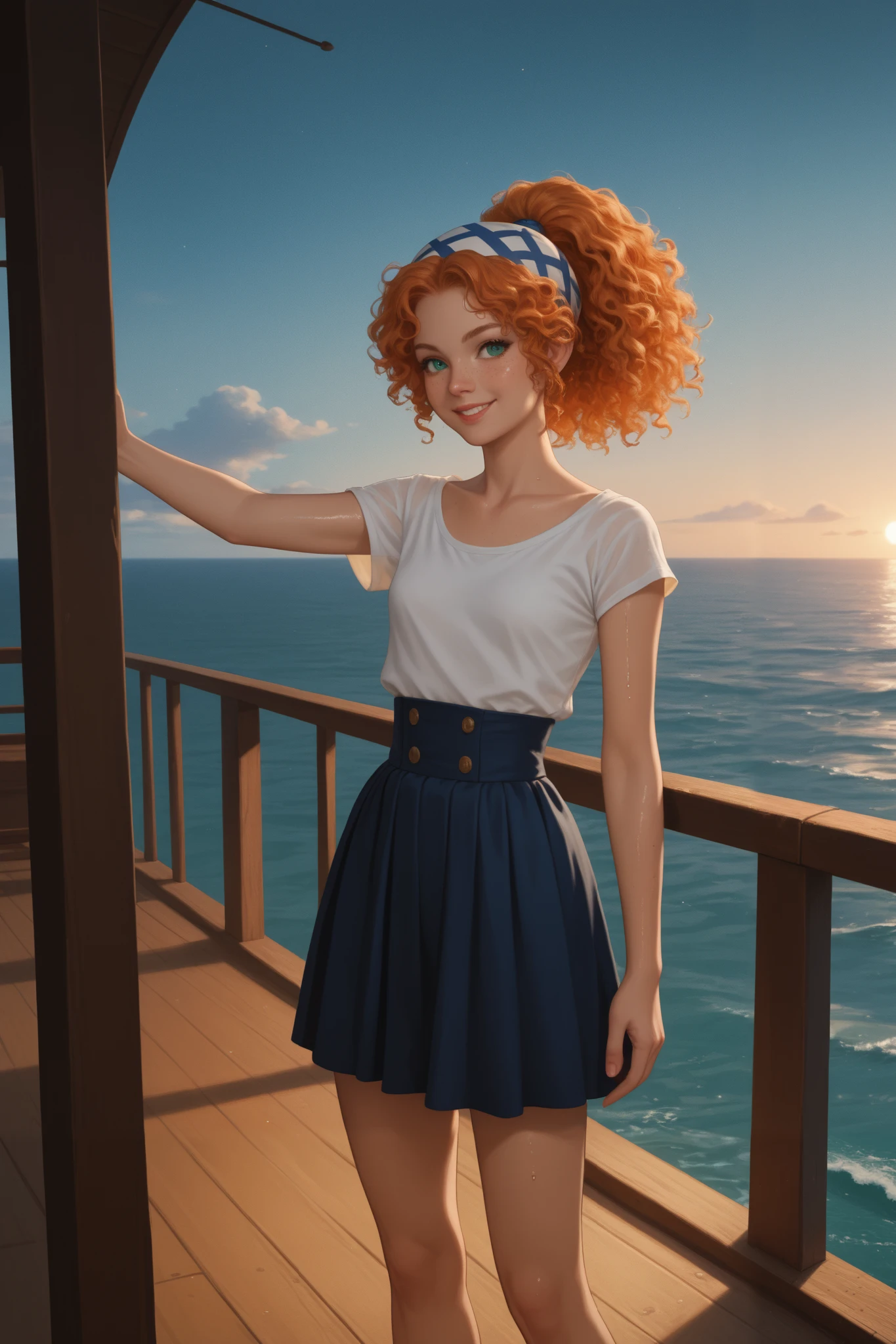 midnight, Beautifal woman, 18 years old, ,light orange hair, ponytail, curly hair, , teal eyes, lots of freckles, pale white skin,standing, background is the deck of a wooden ship, wearing skirt and shirt and bandanna on her head, ocean in background,all wet, shiny skin,smiling , wet body, thin waist, skinny body, small breasts, , long legs, moody image, colored lighting, white skin, pale, dark shadows, backlighting, rim light, dramatic scene