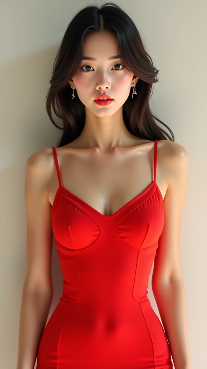 Good hands, 4k, high resolution, masterpiece, best quality, head: 1.3, (Korean K-pop idol), fine skin detail, in focus, (cinematic lighting), clavicle, morning, soft lighting, dynamic angle, [: (face detail:1.2):0.2], armpit wrinkles, thigh gap, red clothes, slender, medium breasts, cleavage, full body,