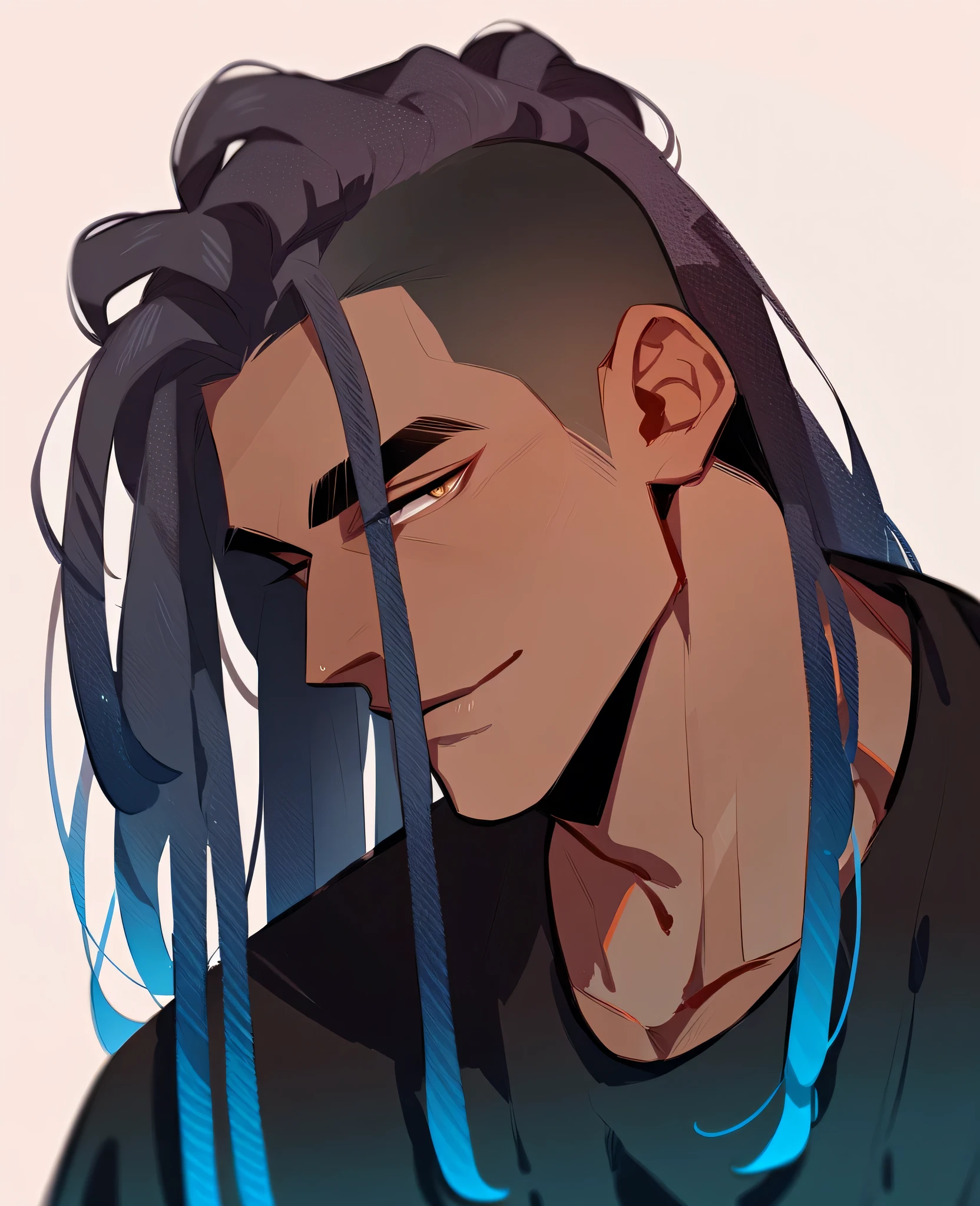 black man, long dreads, long hair, dark blue, artist, handsome, black man with long dreadlocks and long dark blue hair, handsome face, dark skin,brown skin,light brown eyes