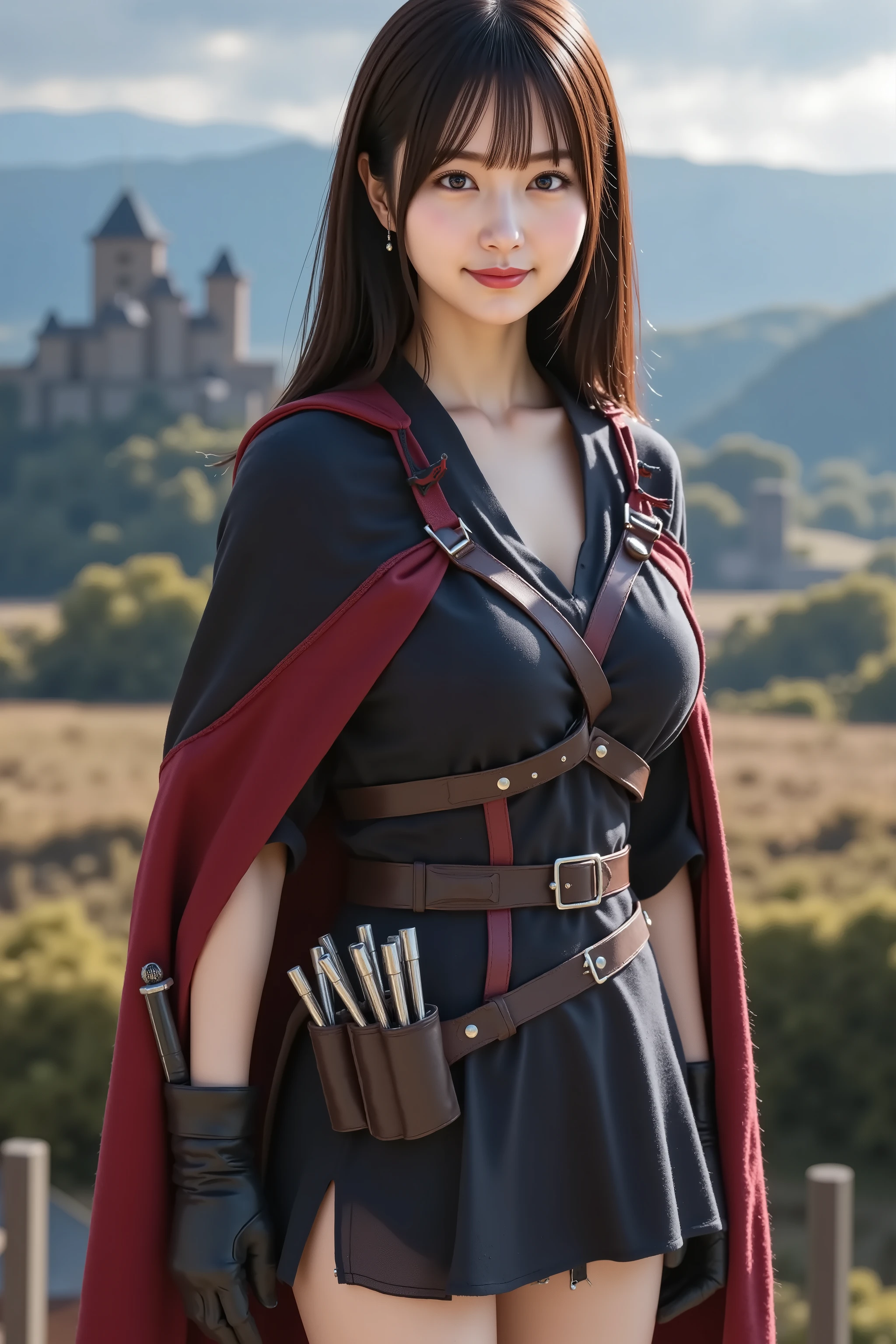 sakura, huge breast, A highly detailed, ultra-realistic digital illustration of a beautiful young Asian female assassin standing confidently in a wide, shadowy field inspired by classic fantasy RPGs. She is captured in a medium close-up shot, ensuring her entire head is visible with appropriate headroom while focusing on her from the thighs up. Her long, flowing black hair cascades down her back in soft waves, with delicate bangs framing her sharp and enigmatic face. Her deep, focused eyes radiate calm precision and silent danger, while her lips curve into a faint, knowing smirk. She wears a sleek and practical assassin’s outfit, primarily composed of layered black and deep crimson fabrics that hug her form for agile movement and stealth. Her outfit is reinforced with lightweight, matte armor pieces and utility straps, accented with subtle red stitching and silver clasps. A dark hood rests behind her shoulders, and a short, tattered cape flutters gently in the wind, blending with the shadows. Her hands are clad in tight leather gloves designed for silence and dexterity. A bandolier crosses her chest holding throwing knives, and a compact quiver of poisoned darts is strapped to her thigh. In her hand, she grips a black, curved dagger with a faint crimson glow along its edge, poised and steady, exuding lethality. The background features a slightly darkened open field, with rolling hills under a twilight sky where the blue has deepened toward indigo, and low-lying mist swirls across the terrain. The distant castle and medieval structures are now shadowed silhouettes, adding to the air of mystery. The few fantasy creatures in the distance are subtler, dimly lit by the fading light, and several sparse trees remain, their forms partially obscured in the gloom, enhancing the scene’s stealthy, foreboding mood.