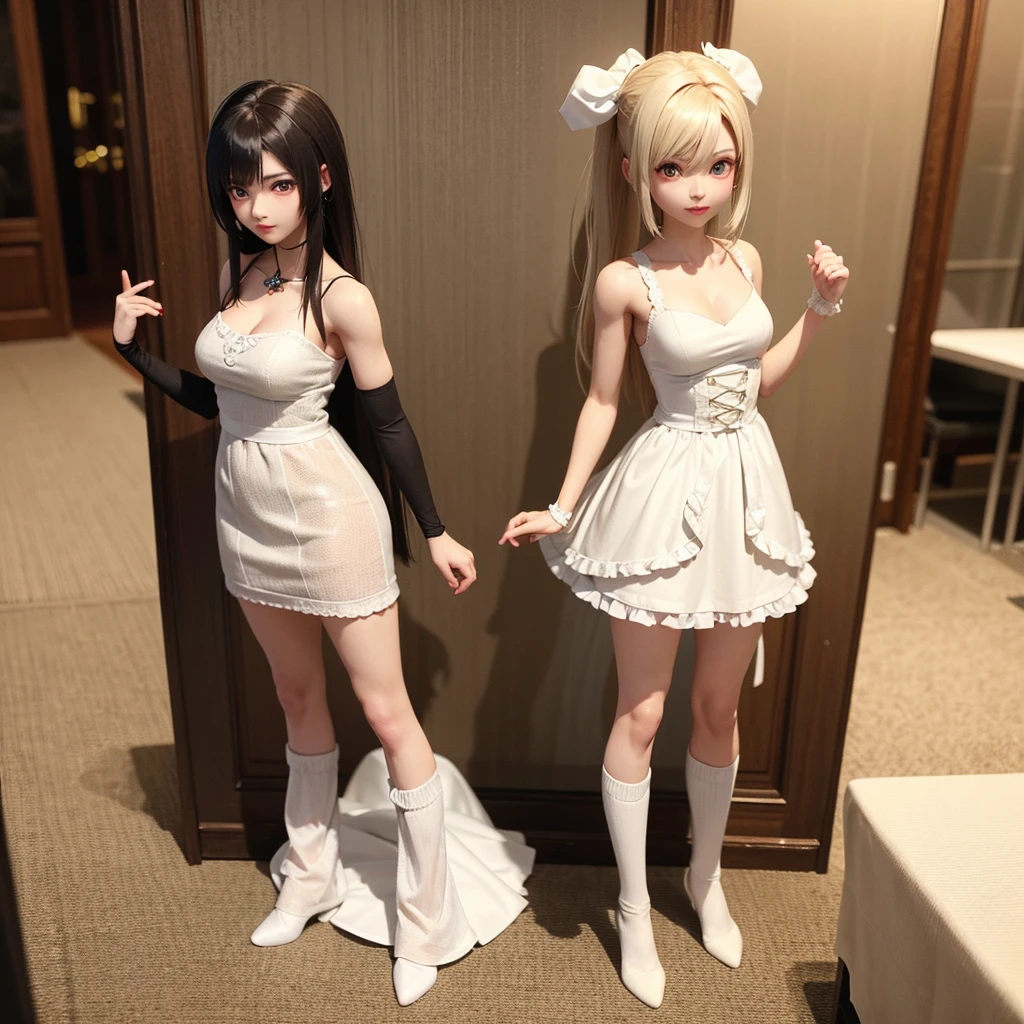 (Full body shot:2), （Full Focus:1.3）, Must show your face, anatomy correct, The characters wear Hanfu, Hand held fan, Pink and yellow color scheme, Strangling effect, High-heeled leather shoes, anklet, leg loops, collars, Heavy makeup, A shallow laugh, Latex over-the-knee socks must be worn, hyper HD, Ray traching, structurally correct, Award-Awarded, high detal, lightand shade contrast, cinmatic lighting, tmasterpiece, super detailing, high high quality, high detal, best qualityer, 16k