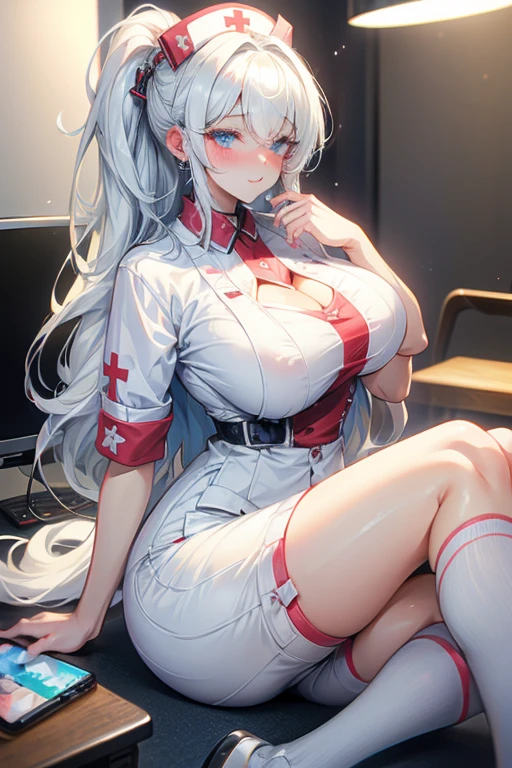 White nurse dress,huge tit,The top is buttoned on the chest,girl,light blue long hair,Light blue eyes,White bed,infirmary,Walk in,black lence stockings,The hair is wet and freshly washed
