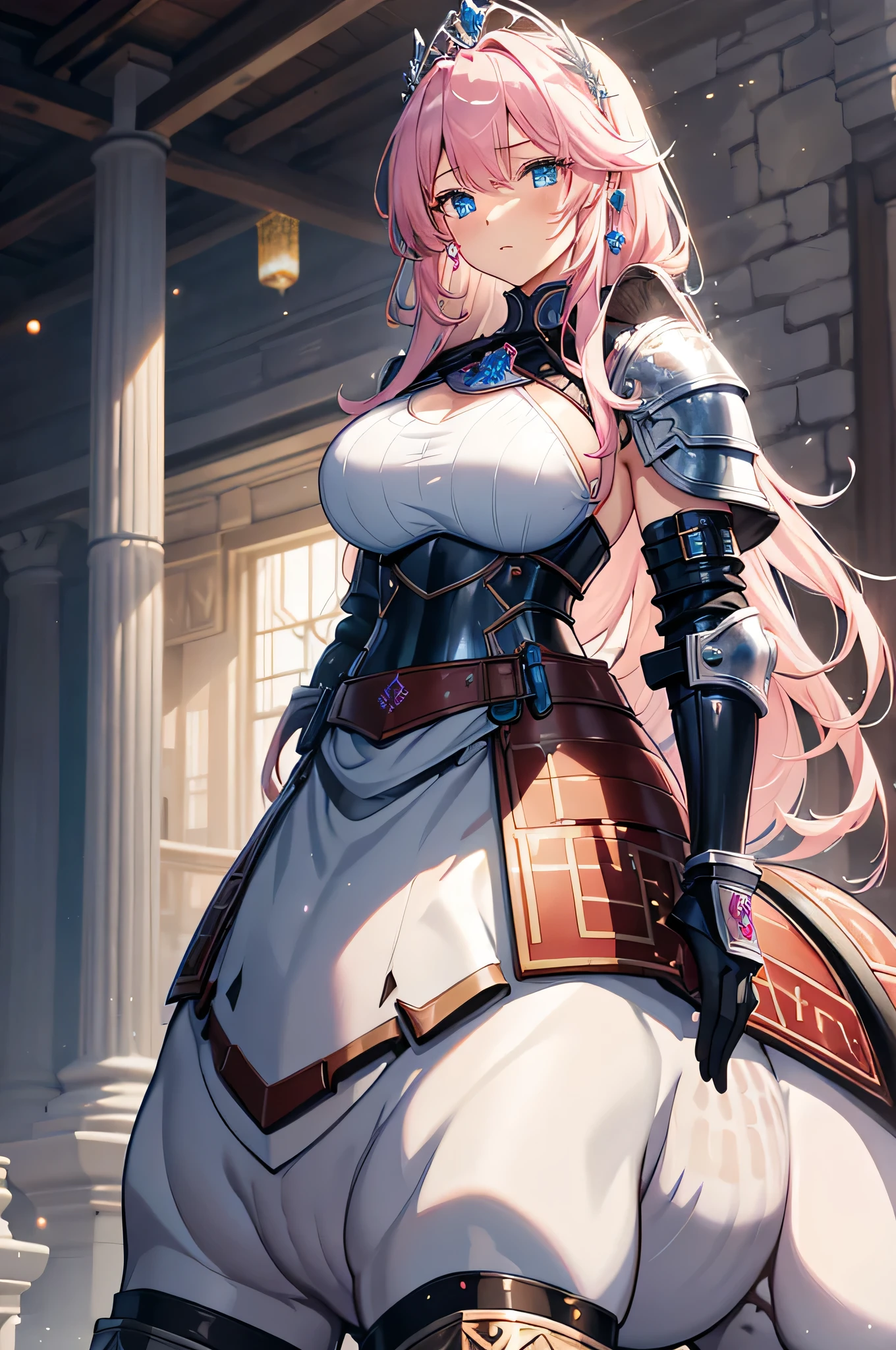 4K,High resolution,One Woman,Elf,Pink Hair,Long Ponytail,Braid,Blue Eyes,Big Breasts,knight,White sacred armor,Full Armor,hair band,Gold decoration,Jewelry decoration,Long sword,Medieval castle