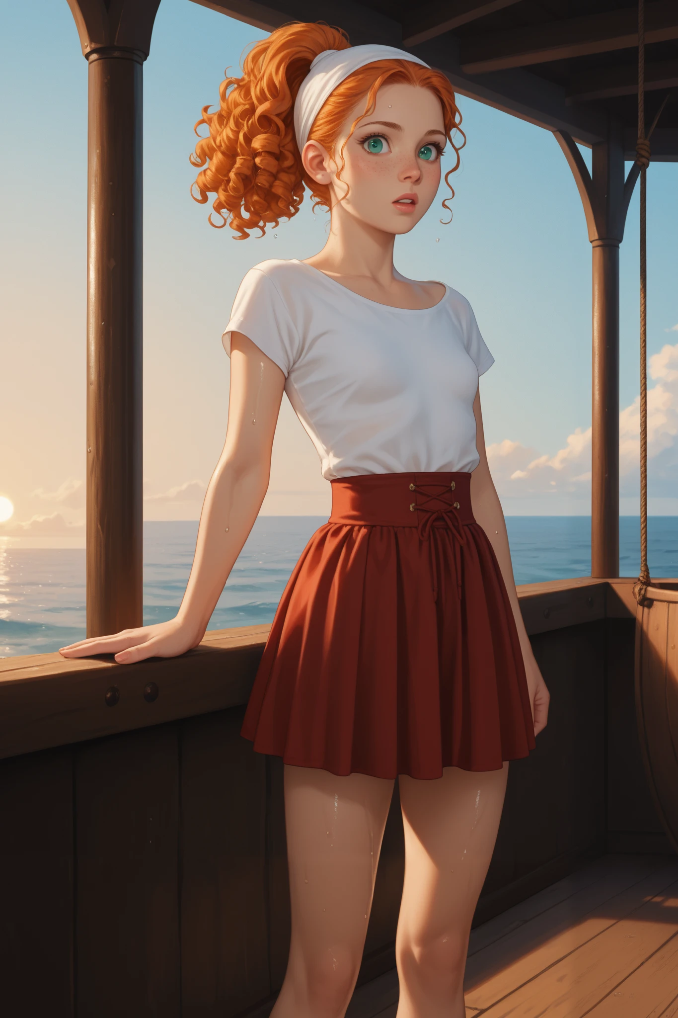 midnight, Beautifal woman, 18 years old, ,light orange hair, ponytail, curly hair, , teal eyes, lots of freckles, pale white skin, standing, background is the deck of a wooden ship, wearing skirt and shirt and bandanna on her head, ocean in background ,all wet, shiny skin, shocked expression , wet body, thin waist, skinny body, small breasts, , long legs, moody image, colored lighting, white skin, pale, dark shadows, backlighting, rim light, dramatic scene, hands cuffed in front,