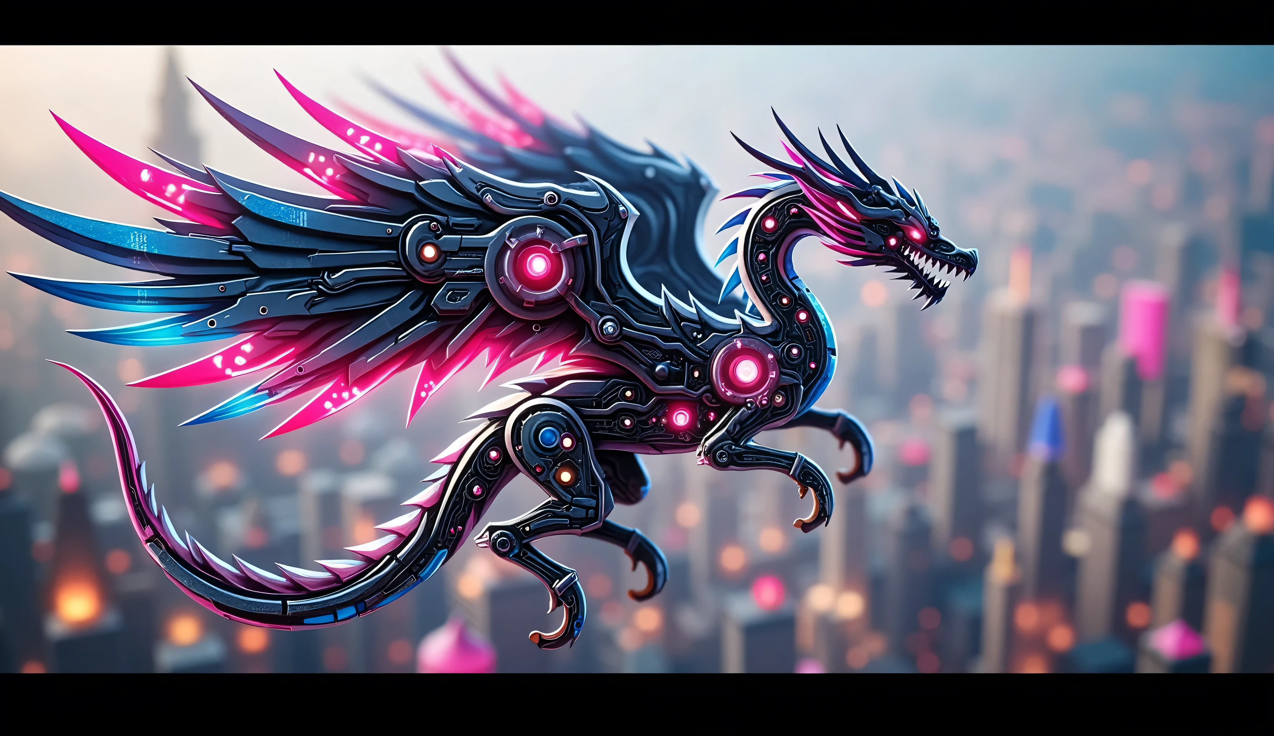 surreal fantasy, cyberpunk, steampunk, neon, A dragon with mechanical wings and glowing circuits, soaring over a futuristic city.: unreal engine, artstation, vray, natural raw unreal tpose, tsutomu nihei, macro photography, depth of field, ray tracing