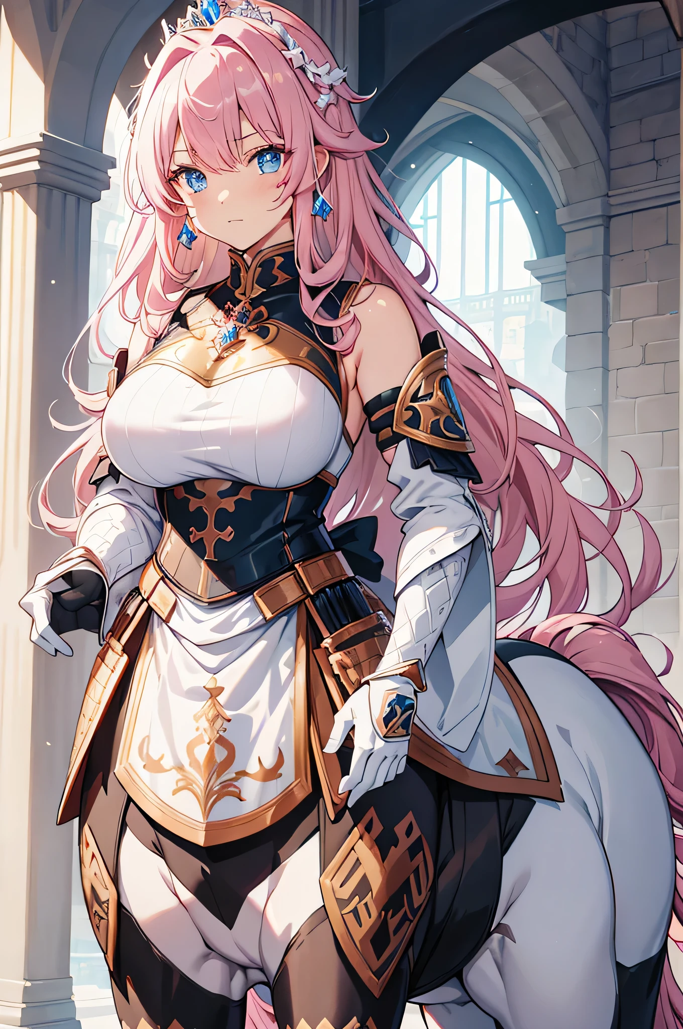 4k,high definition,one woman,Centaur,pink hair,long hair,blue eyes, brown fur,huge , Himeji Knight,White sacred armor,sleeveless,Horizontal milk, White Armor Gloves,Princess Tiara,Jewelry decoration,longsword with a pattern,medieval castle