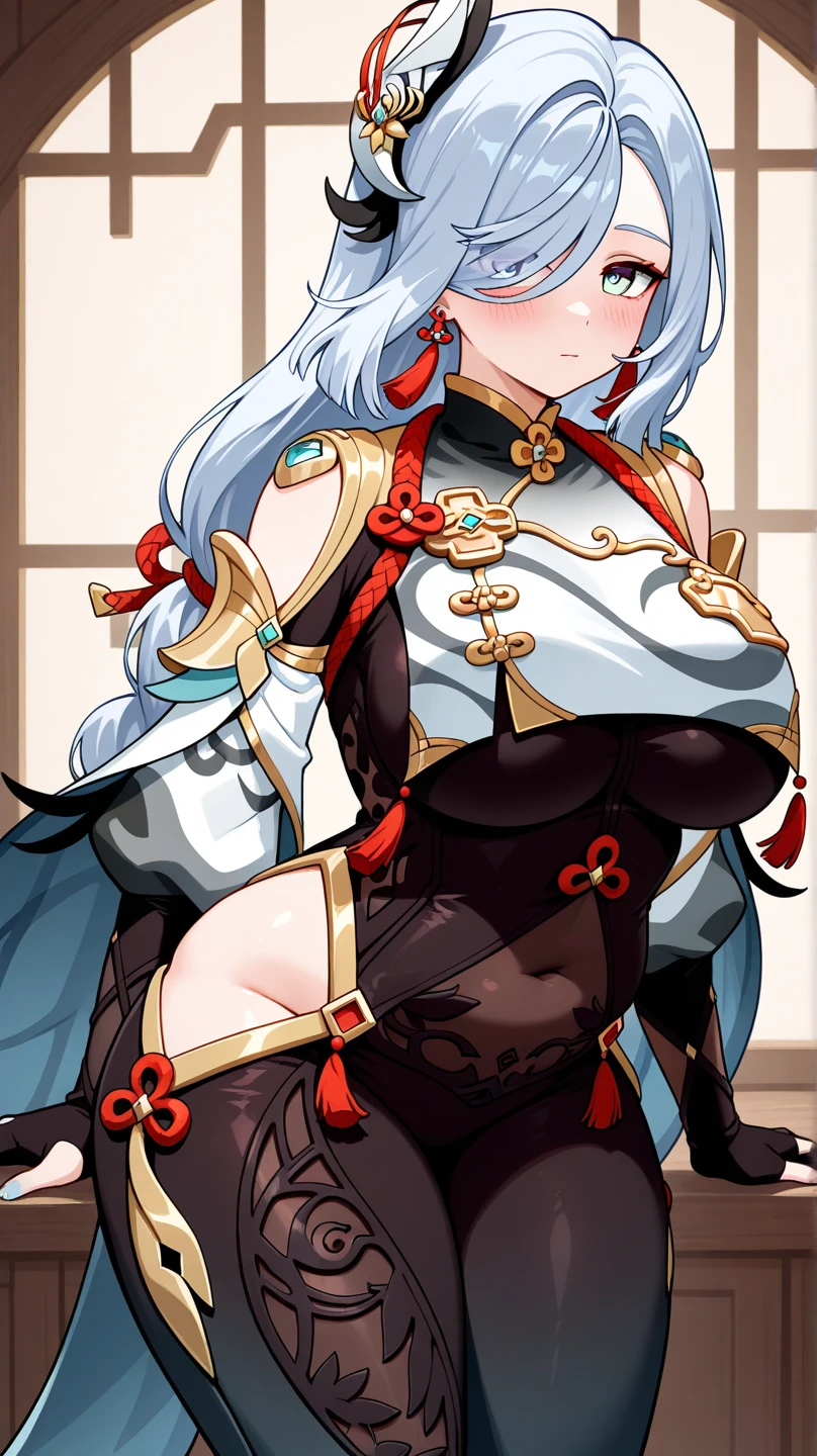Masterpiece, high quality, shenhe \(genshin impact\), genshin impact, squatting, big breasts, busty, sexy, wide hips, white hair, blue eyes, hair ornament, long hair, breast curtains, bodystocking, hip vent, outdoor, wet, shenhev4, thick thighs, realistic, from below, shiny skin, detailed, navel, horny