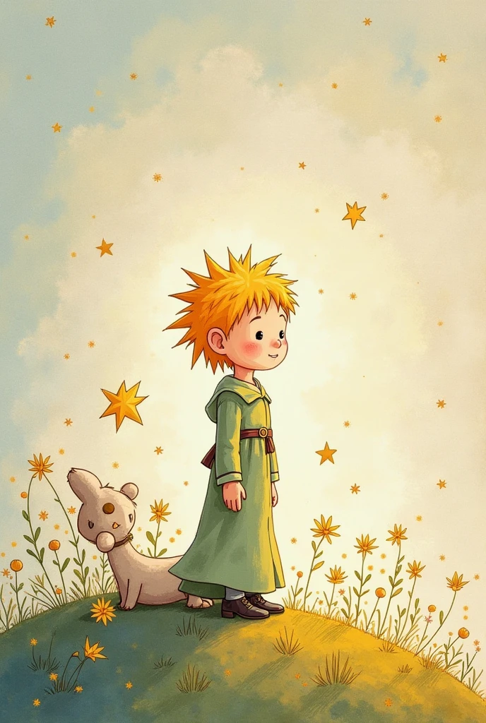 A traditional illustration of "The Little Prince" dos livros, designed in style with soft and delicate lines. The colors are vibrant , applied with a texture similar to watercolor or colored pencils. The main character has an enchanting visual, with a curious and dreamy expression. The background is subtle and harmonious , complementing the scene without taking the focus away from the character. The lighting is soft, creating a warm and magical atmosphere."