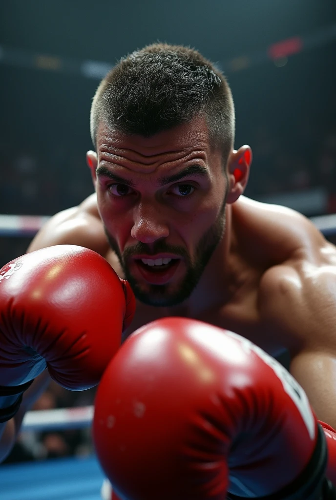 boxing match, bald monstrous boxer man wearing boxing gloves punch to another person, hit, fist, shocked, speed, motion blur, dark background