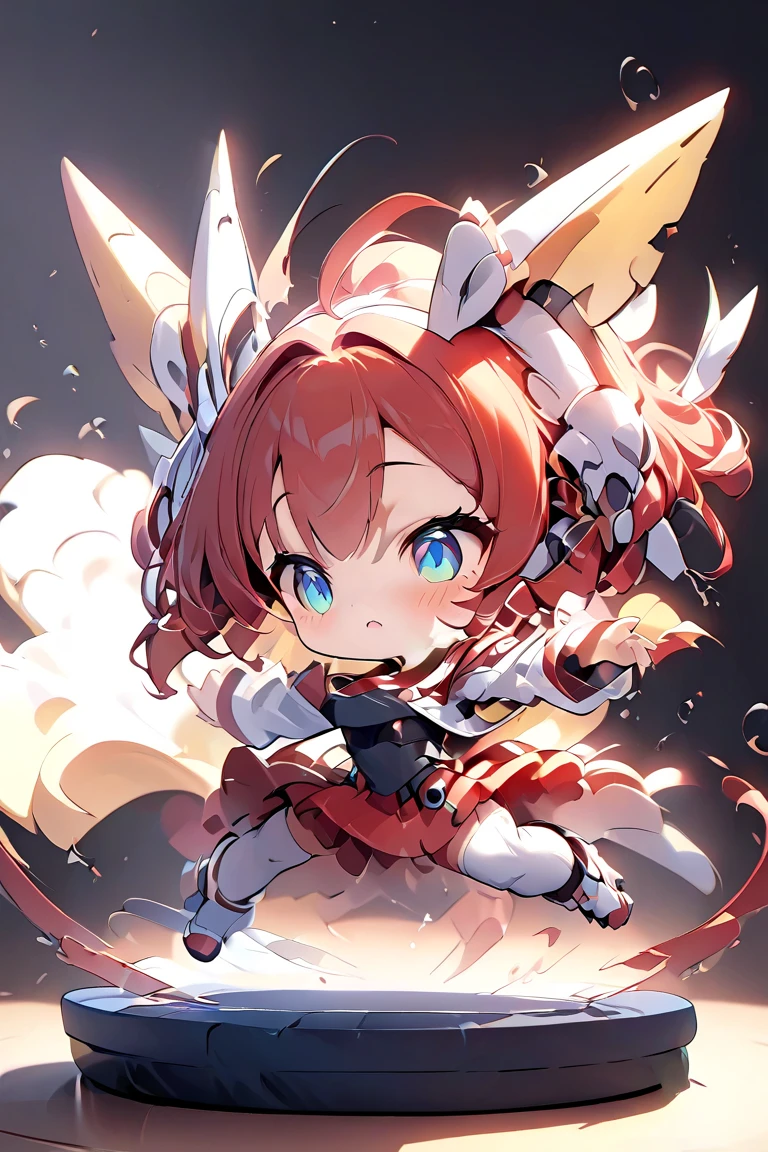 A cute girl with red twin tails wearing a red and white robot-like barrette, beautiful detailed eyes, beautiful detailed lips, extremely detailed face, long eyelashes, a red and white mechanical idol costume with frills, slightly larger machine-made breasts creating cleavage, exposed mechanical limbs, dynamic poses with a microphone in one hand, exciting the arena, a futuristic live stage background with monitors and cheering audience, realistic mecha representation, high quality, (masterpiece, best quality, 4k, 8k:1.5), ultra-detailed, ultra-fine painting, dramatic lighting, physically-based rendering, vivid colors, professional photography