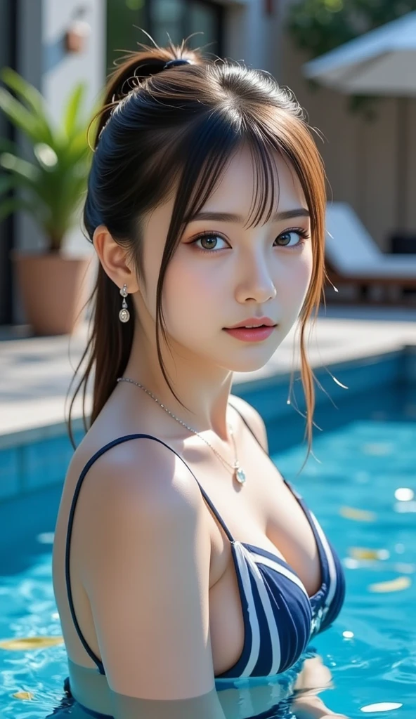 One girl, Small breasts,, (8k, RAW Photos, highest quality, masterpiece:1.2),(Realistic, photo-Realistic:1.37),Very delicate and beautiful,8k,In detail,Beautiful fine details,highest quality,Ultra-high resolution,((Very detailed)),(photo-Realistic:1.37),(((Long Hair)))、((double eyelid))、right eye:((Mole on outer corner of eye))、((Narrow waist))、(slender)、((Tear bags))、((Poolside)、Various bikinis、Various gravure poses、Black Hair