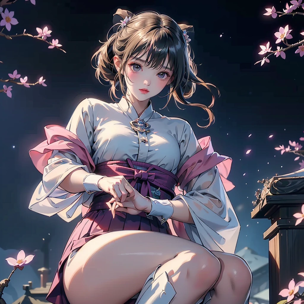 masterpiece, best quality:1.2), 1girl, 独奏, source anime, clorinde \(genshin impact\), tricorn, black pantyhose, earrings, blue cape, white gloves, pencil skirt, white shirt, thigh strap, underbust, ascot, fold-over boots,blue eyes, hair ornaments, Hair Ribbon, blunt , Both sides up, butterfly hair ornaments, skirt,Off the shoulder、Random color see-through kunoichi costume、Japanese see-through female samurai costume、See-through female ninja costume,, Open clothes, Collared dress emphasizes cleavage、胸の谷間のSweat is noticeable、Professional lighting light reflection、 looking at viewer, (masterpiece:1.2), Highest quality, High resolution, unity 8k wallpaper, (figure:0.8), (Beautiful fine details:1.6), Highly detailed face, Perfect lighting, Highly detailed CG, (Perfect hands, Perfect Anatomy),heavy rain、heavy rainで全身びしょ濡れ、heavy rainで全身びしょ濡れの服、High heels、 ((Perfect handsの形))、(Perfect foot shape、Embarrassed expression、blush、Gestures to seduce a man、Shining Sweat、Perfect Skin,Sweat is noticeable、太もものSweat is noticeable、 Fair skin,Tight waist, Sweating profusely、Sweaty hair、Sweaty clothes、Sweaty、Visible sweat、rain-wet hair、A vast Western church with stained glass windows、Holding a Japanese sword、Athlete System、cherry blossoms、Blonde、Silver Hair