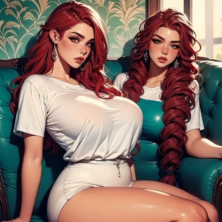Female original character reference sheet adoptable, (masterpiece:1.4), (photorealistic:1.3), (best quality), (extremely high detail), Austin White, ((red hair)), ((Green eyes)), huge breasts, fitness body, surprised, making oh face, blushing, embarassed, dynamic pose, dynamic angles,