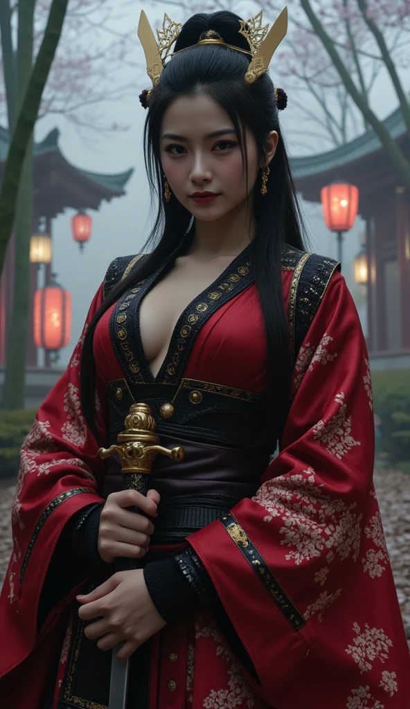 work of art, best qualityer,photorrealistic,best shade, dainty, CRU,(1 girl,cute, Bblack hair,very long hair),(long time in the air, Flight,looking at the camera,misty,fog, ), Dark clouds cover the sky,misty , Ancient Japanese city background (Sexy Chinese Taoist woman (long hair,Sexy Taoist clothing ) ) ,