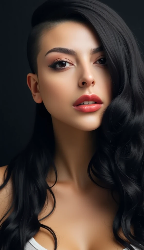 HelgaGrey, mulher, doing makeup with brush in hand, (estilo to8contrast), (retrato em close), bold lips, foto 8k RAW, Maximum quality, olhos azuis castanhos detalhados, reflexo nos olhos, delineador alado, (olhando para o observador: 1.3), melhor sombra, detalhes intrincados, interior, ondulado vibrante Camadas de cabelo longo com uma parte lateral, (cabelo loiro: 1.3), cores suaves, estilo de alto contraste, glam shot, ardente, (sensual: 1.1), dof, bokeh, intenso, languid, tentador, sensual, sedutor, saudade, anseio, apaixonado, dark photography studio, Minimum illumination, sombras profundas, contrastes absolutos, dramatic highlights, (pano de fundo preto: 1.2), covinhas, plenitude, rechonchudo, beicinho natural, sensualidade, red lips, cor ousada, beleza sedutora, cativante, marcante, unforgettable, estonteante, breathtaking and timeless. (ombros nus: 1.2), full head shot