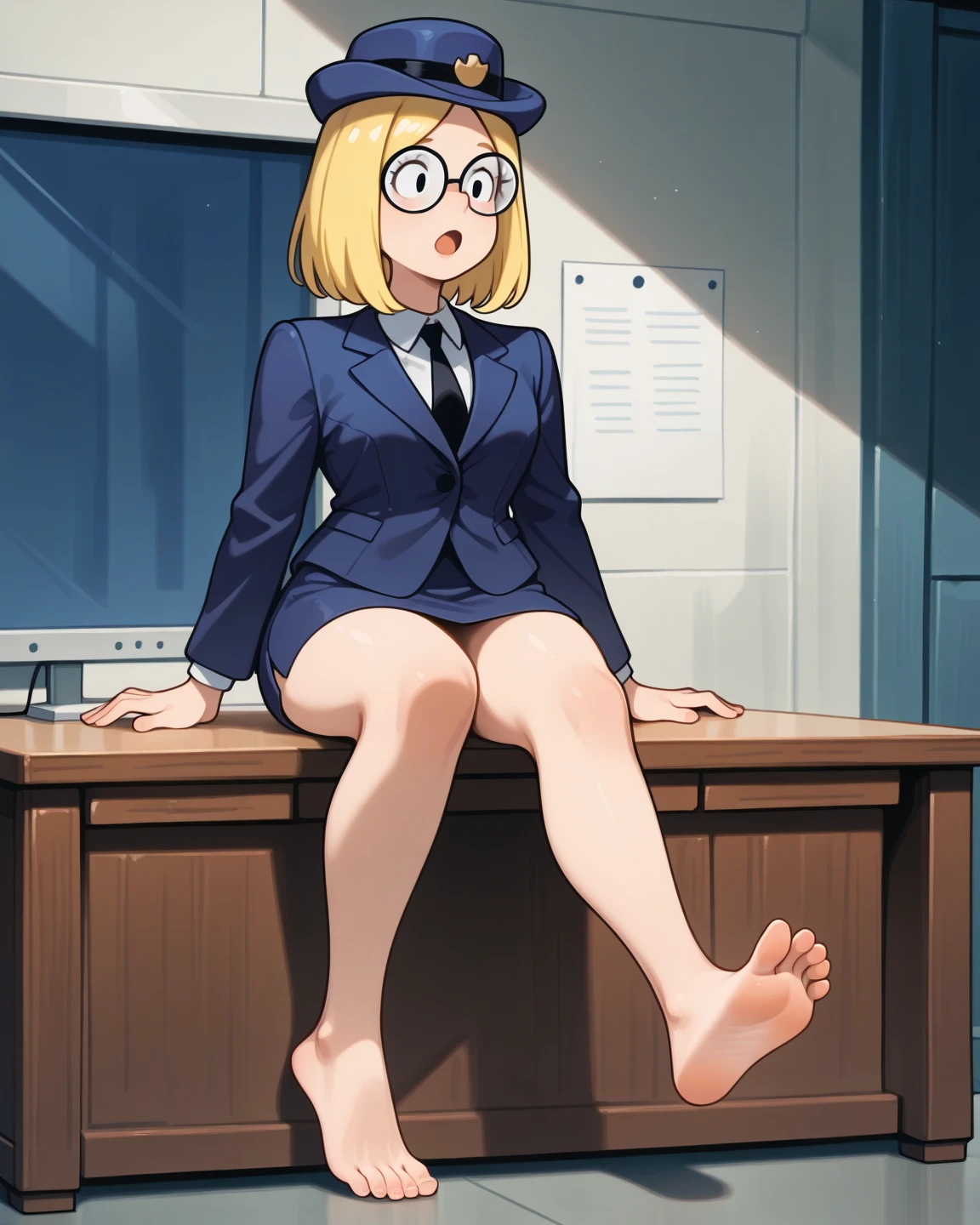pale adult woman, very thick thighs, wide hips, short ginger hair in a sleek hairbun, glasses, tight black blazer, tight black pencil skirt, thick thighs pressed together, bare feet, small feet, black nail polish, footjob, woman has 5 toes on each foot, slender feet, cock is massive, strict teacher, dominant