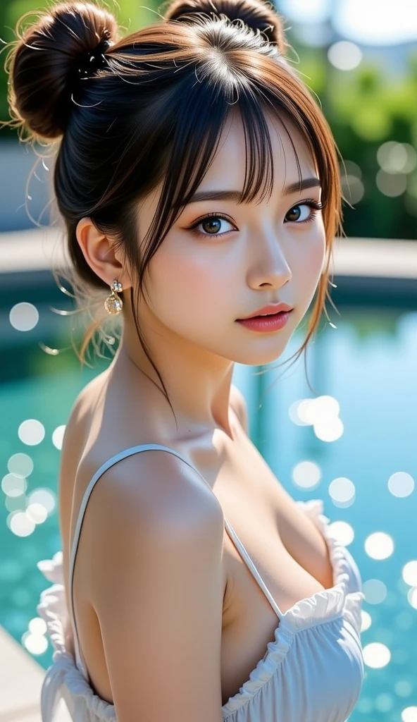 (Highest quality,4K,8K,High resolution,Tabletop:1.2),Very detailed,(Realistic,photoRealistic,photo-Realistic:1.37), Studio Lighting,Ultra-fine painting,Sharp focus,Physically Based Rendering,Very detailed説明,Professional,Vibrant colors,Bokeh,Portraiture,landscape,Beautiful dark haired pixie cut girl,Beautiful attention to detail,Very large breasts,Emphasizes nipple protrusion、flower,Wearing a string bikini, At the pool,Observe the audience,