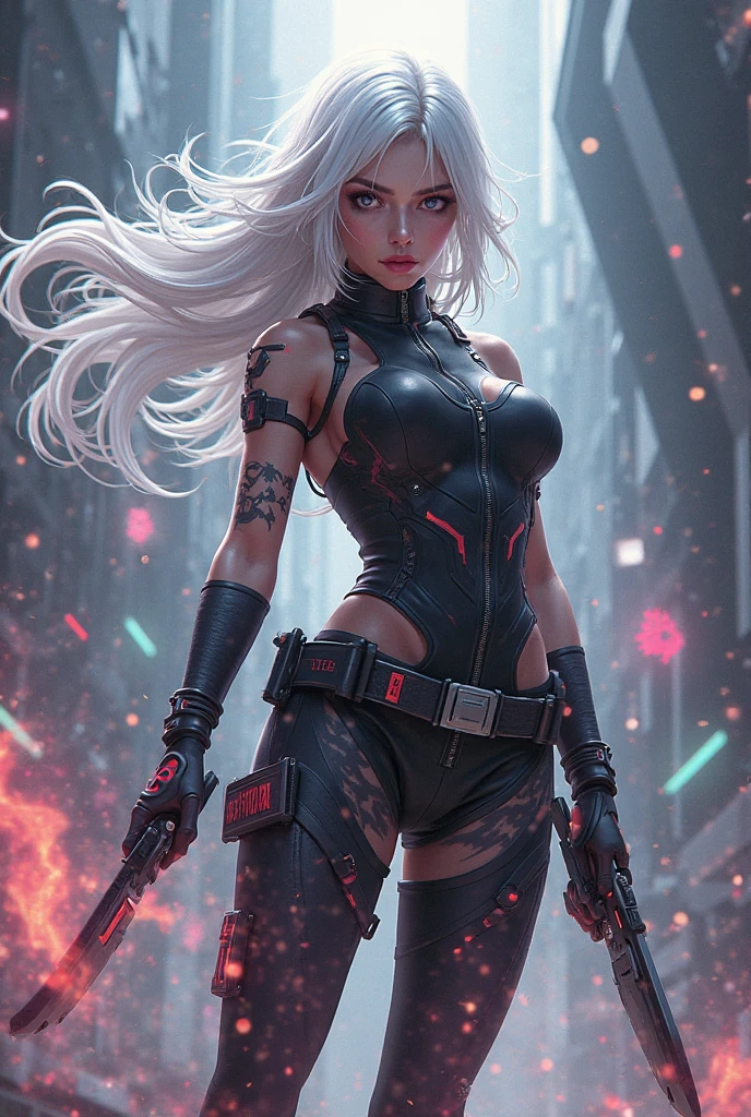 Make a character from the free fire game, with long silver hair with purple highlights and in a tight outfit with a machine gun in his hand, with a mysterious look.