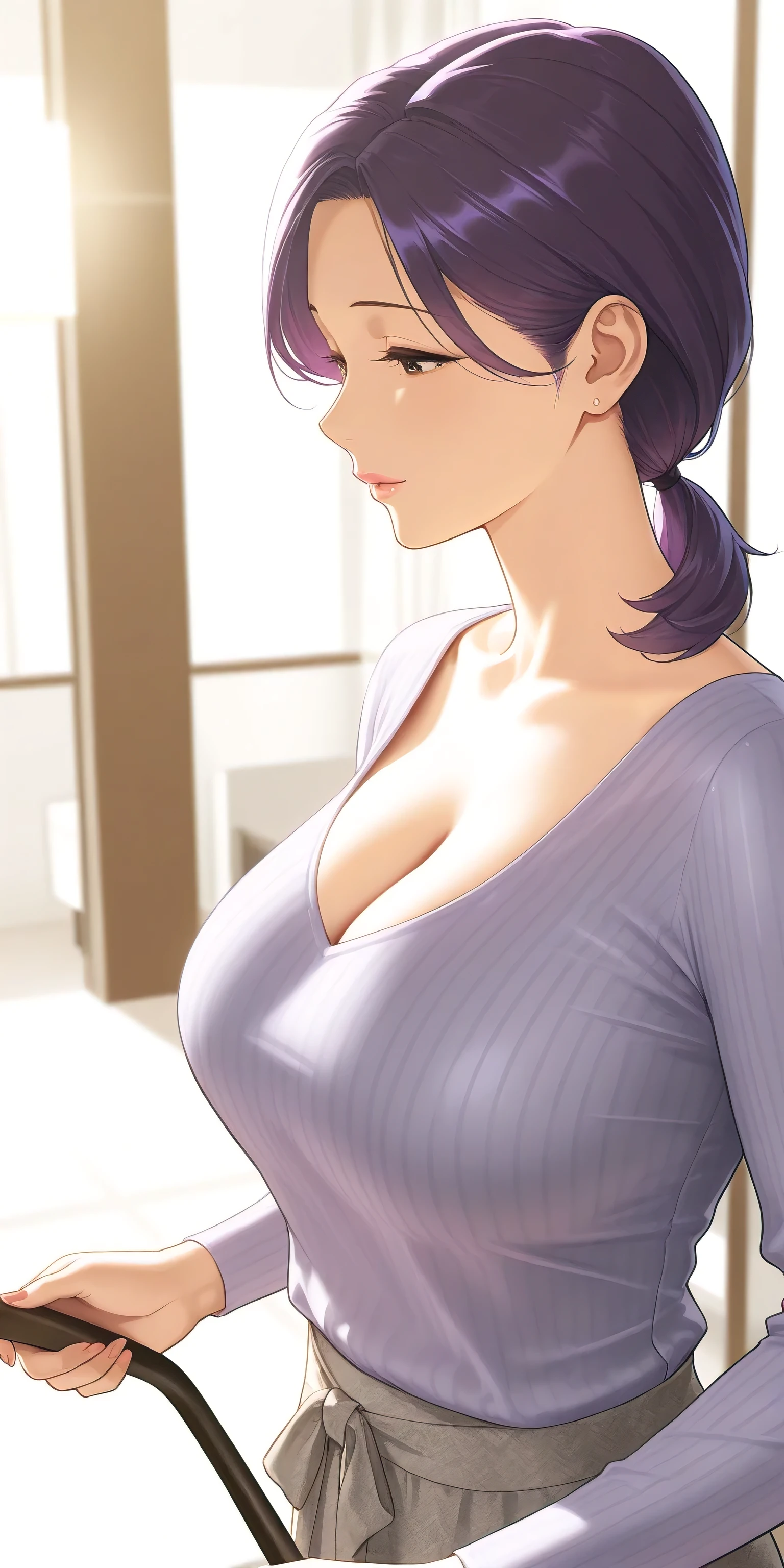 score_9, score_8_up, score_7_up, source_anime, 1boy, 1girl, high class mature female, mother and stepson , mature male, seductive smile, looking at viewer, The mother is on her knees, in front of stepson, stepson legs only visible  white luxury dress, from above, (focus on her face and tits), kneeing on flooron