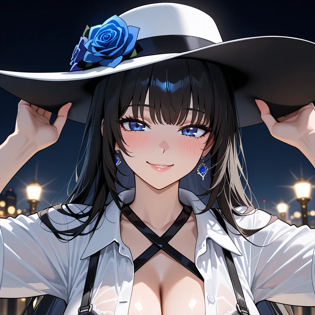 ((Best quality, 8k, Masterpiece: 1.3)), Sharp focus A beautiful woman with perfect body, Slim abdomen, ((Layered haircut: 1.2)), (White shirt), (Street: 1.2), Highly detailed face and skin texture, Detailed eyes, Double eyelid, sexy, dark skin, tanned body, exposed shoulders, cleavage