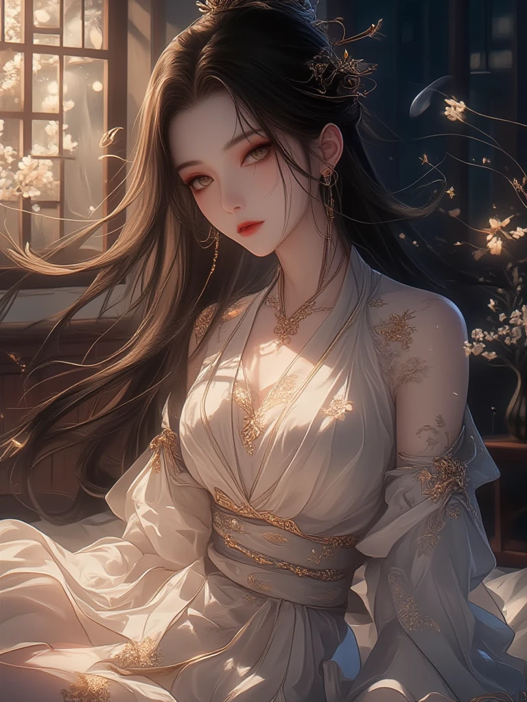 “A beautiful woman with wet hair, fresh from a bath, dressed in comfortable pajamas. She is standing in a cozy, softly lit room, holding a can of beer in one hand, her expression relaxed and content. Her damp hair clings slightly to her face and shoulders, giving a natural and intimate look. The pajamas are soft and slightly oversized, emphasizing comfort and relaxation after a bath. The background features warm, ambient lighting, with subtle details of a home interior, such as a softly glowing lamp and a neatly made bed, creating a serene and cozy atmosphere.”