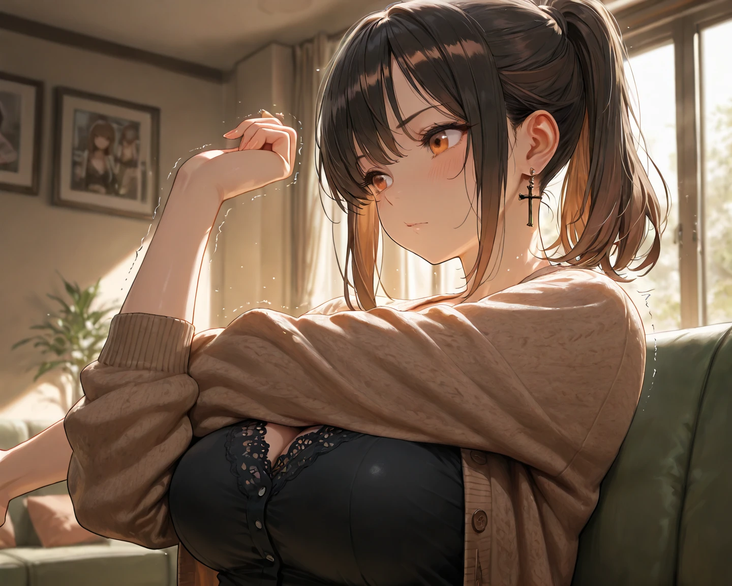 top-quality、Full limbs、complete fingers、Slender beauty、straight haired、Brown hair、Black Long Sleeve Knit Top、Red Mini Flared Skirt、Brown pantyhose、Beautiful Large Breasts、home、girl's own room、Low Table、sit on sofa、blushing、Have a can of beer、Happy to close your eyes and open your big mouth