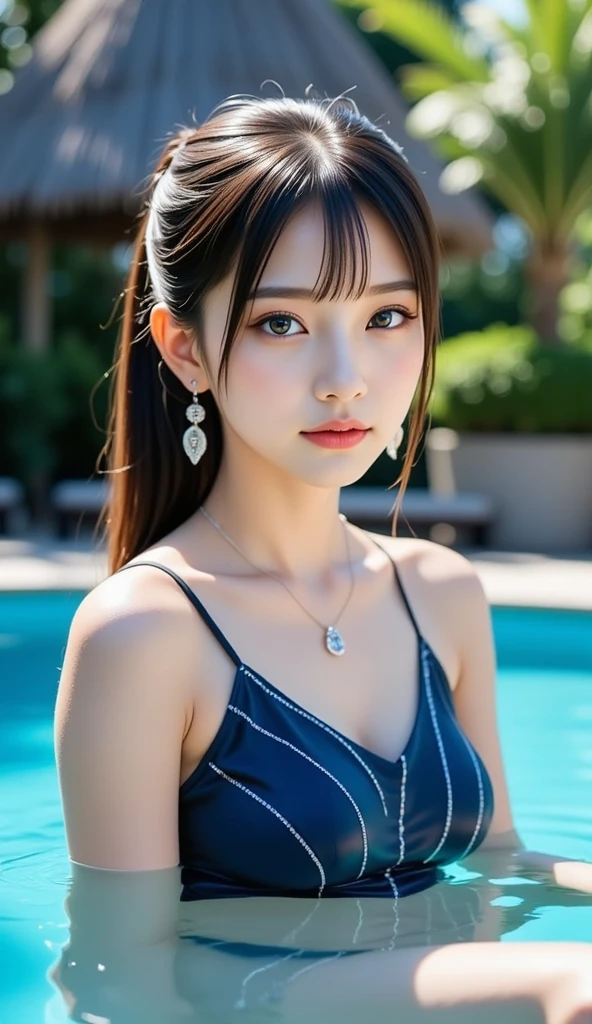 (1girl), kawaii, (round eyes:1.2), Amazing face and eyes, bikini, (Best Quality:1.4), (masterpiece,:1.4), (Ultra-detailed), Professional Photography, summer, (pool), (fine face:1.2),