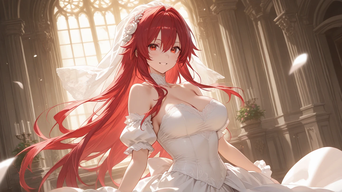 realistic, 1 girl, rias gremory, red hair, white hair, green eyes, light eyes, white and pink wedding dress, red dress, pink tights, parted lips, pink cheeks, night, flower, sun, sunlight,(thin breasts), breast augmentation, beautiful breasts, cleavage, exposed , (best quality 4k)